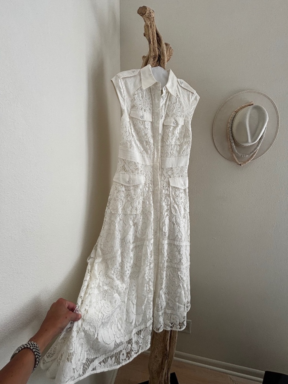 Karen Millen x Lydia Millen White Lace Military Midi Dress – US 4